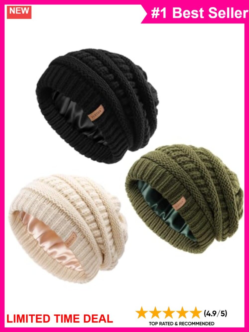 Slouchy Winter Beanie Knit Hat Satin Lined Skull Cap 3 Pack